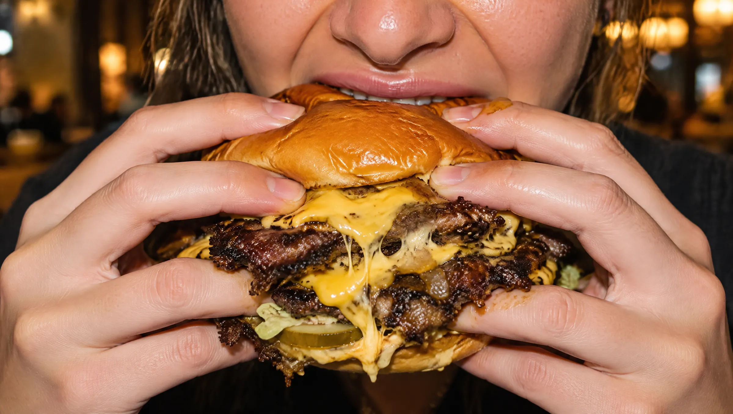 Jemand beißt in einen Smash Burger